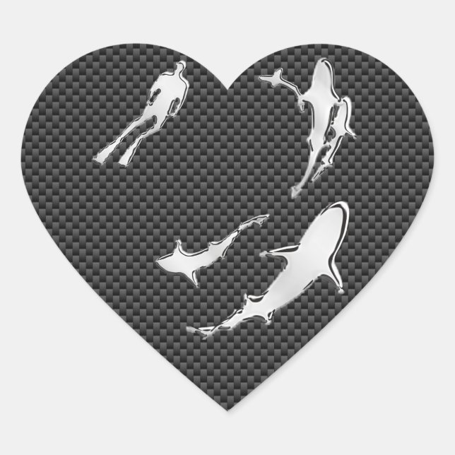 Chrome like Diver with Sharks on Carbon Fibre Herz-Aufkleber (Vorderseite)