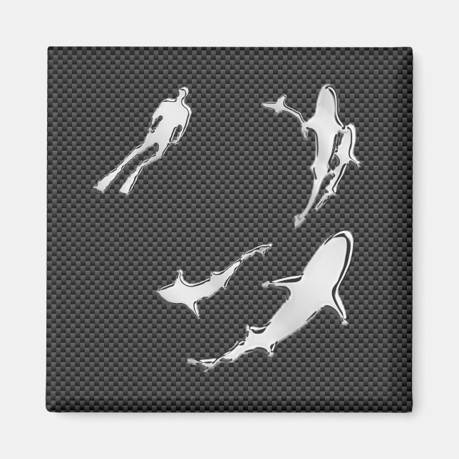 Chrome like Diver with Sharks on Carbon Fibre Magnet (Vorne)
