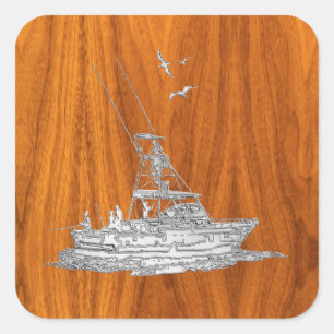 Chrome like Fishing Boat on Teak Wood Quadratischer Aufkleber