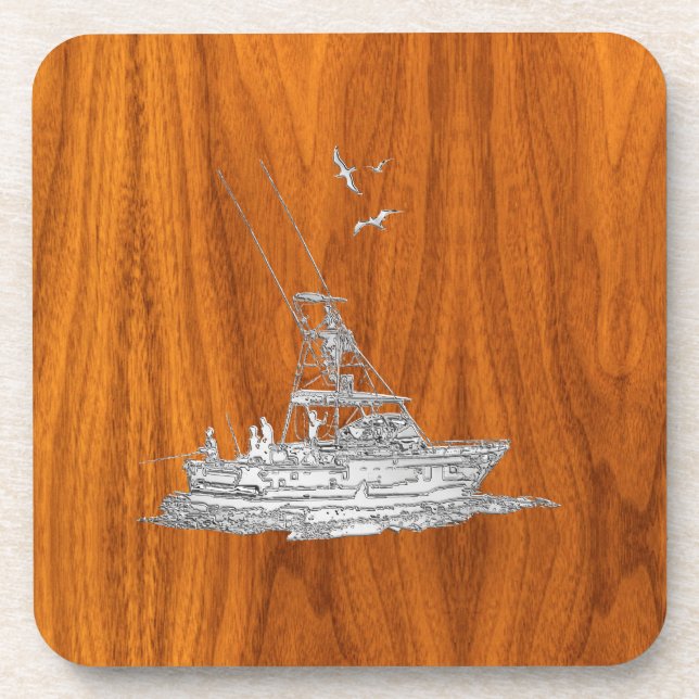 Chrome like Fishing Boat on Teak Wood Untersetzer (Vorderseite)