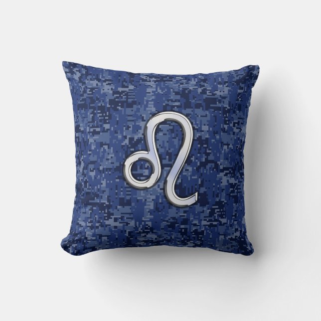 Chrome Like Leo Sign on Navy Blue Digital Camo Kissen (Vorderseite)