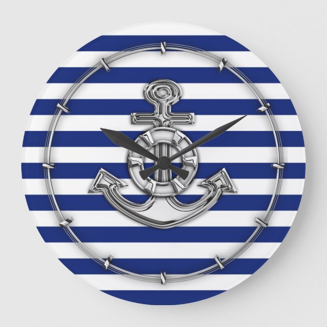 Chrome Like Lifesaver auf Navy Strips Große Wanduhr (Vorderseite)