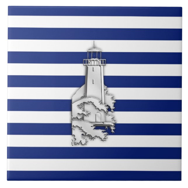 Chrome Like Lighthouse on Nautical Stripes Fliese (Vorderseite)