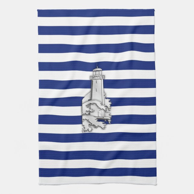 Chrome Like Lighthouse on Nautical Stripes Handtuch (Vertikal)