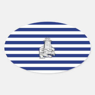 Chrome Like Lighthouse on Nautical Stripes Ovaler Aufkleber