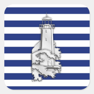 Chrome Like Lighthouse on Nautical Stripes Quadratischer Aufkleber