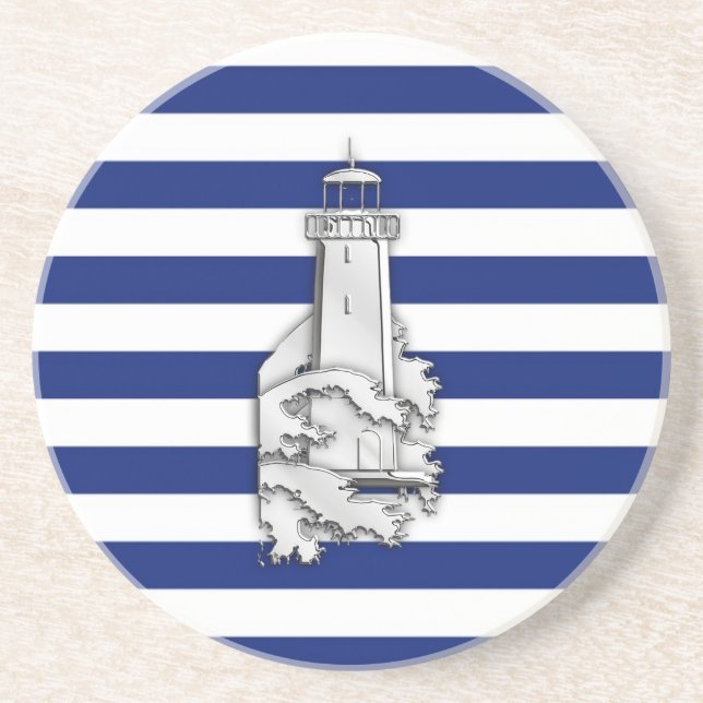 Chrome Like Lighthouse on Nautical Stripes Sandstein Untersetzer (Vorne)