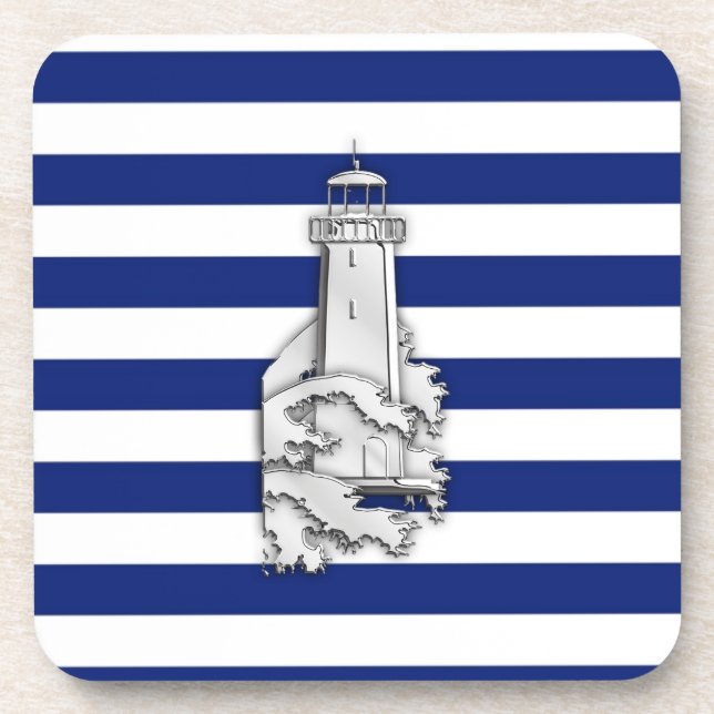Chrome Like Lighthouse on Nautical Stripes Untersetzer (Vorderseite)