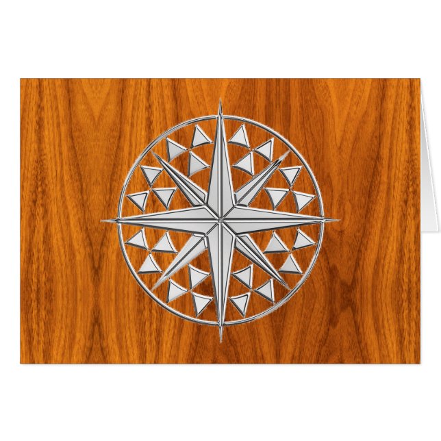 Chrome Like Nautical Compass Star on Teak Veneer (Vorderseite (Horizontal))