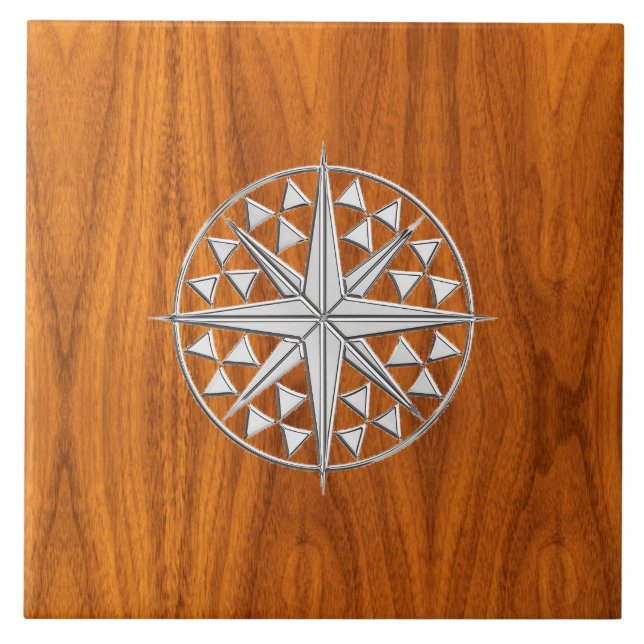 Chrome Like Nautical Compass Star on Teak Veneer Fliese (Vorderseite)