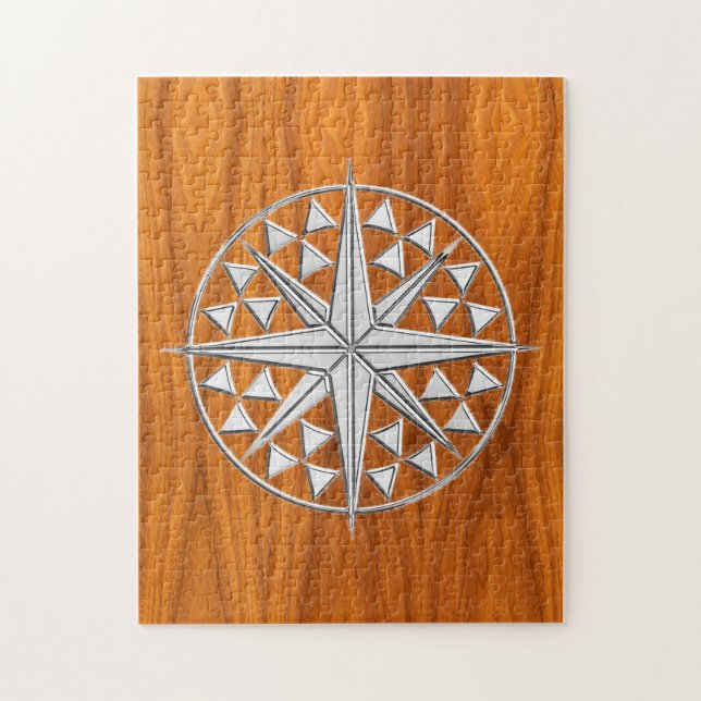 Chrome Like Nautical Compass Star on Teak Veneer Puzzle (Vertikal)