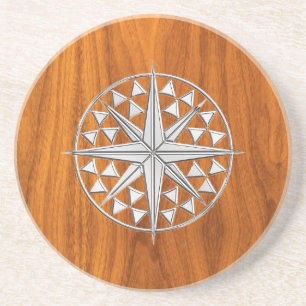 Chrome Like Nautical Compass Star on Teak Veneer Sandstein Untersetzer