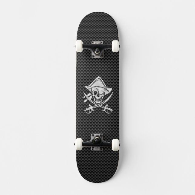 Chrome like Pirate on Black Carbon Fibre Skateboard (Vorderseite)