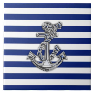 Chrome Like Rope Anchor on Nautical Stripes Fliese