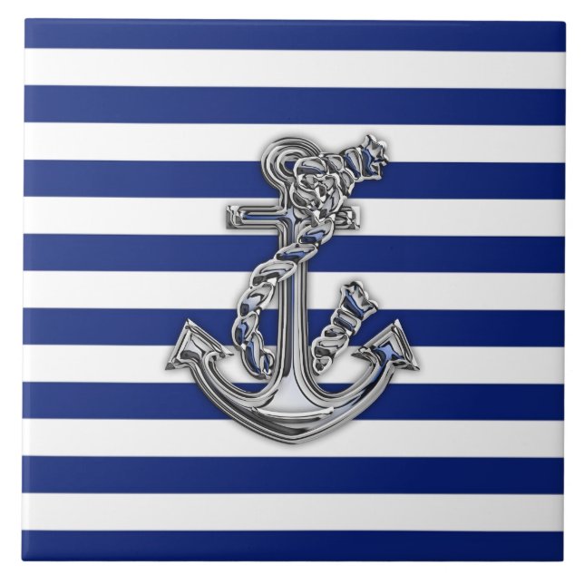 Chrome Like Rope Anchor on Nautical Stripes Fliese (Vorderseite)