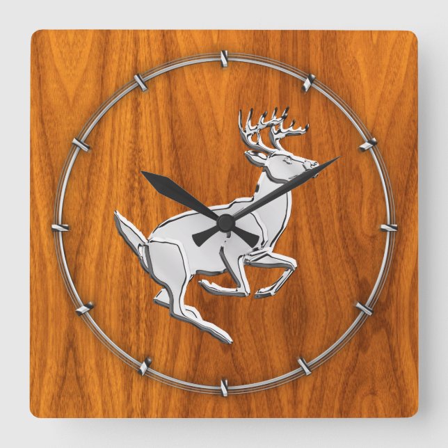 Chrome like Running Deer on Fine Teak Print Quadratische Wanduhr (Vorderseite)