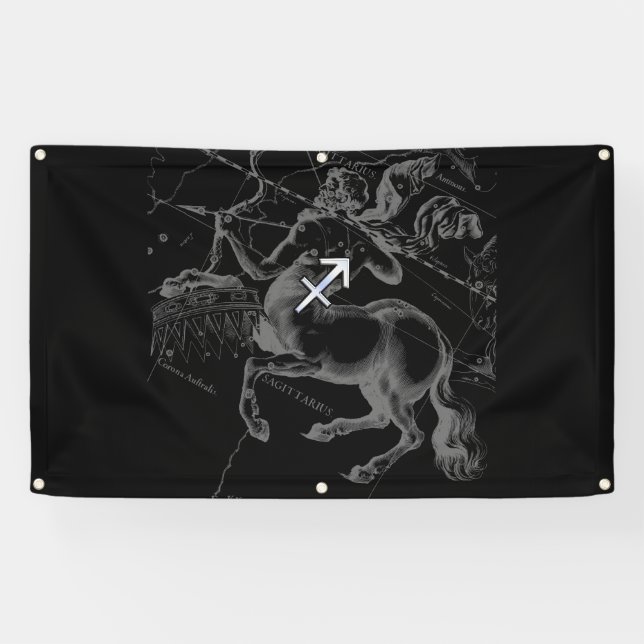 Chrome Like Sagittarius Sign auf Black Hevelius Banner (Horizontal)