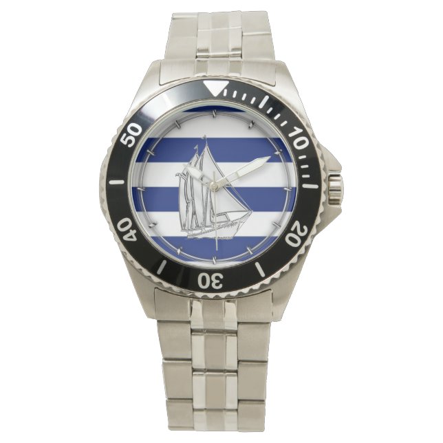 Chrome Like Sailboat auf nautischen Streifen Armbanduhr (Vorderseite)
