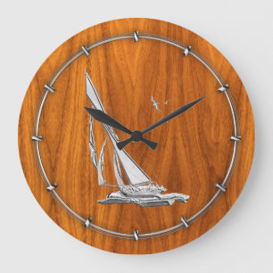 Chrome Like Sailboat auf Teak Veneer Große Wanduhr
