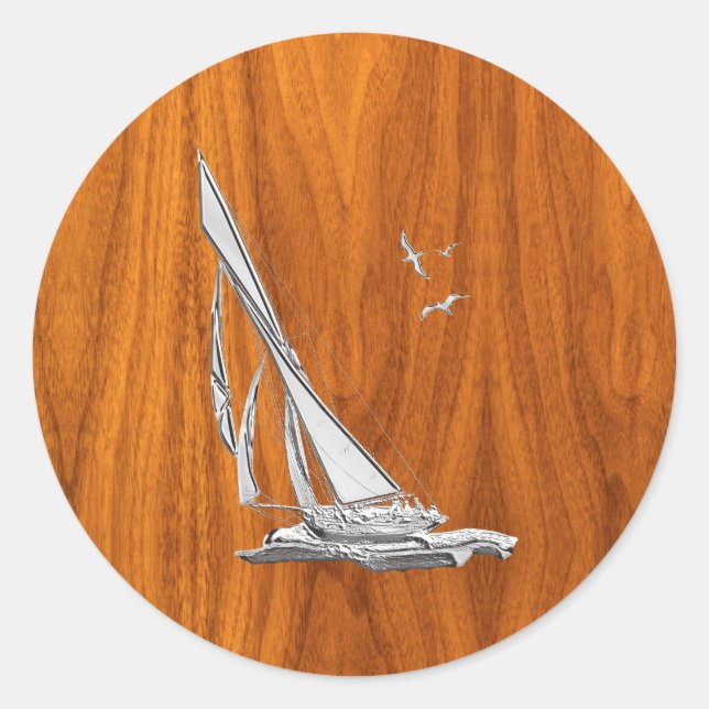 Chrome Like Sailboat auf Teak Veneer Runder Aufkleber (Vorderseite)