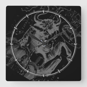 Chrome like Taurus Zodiac on Hevelius Black Quadratische Wanduhr