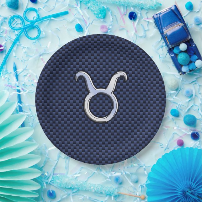 Chrome Like Taurus Zodiac Sign Blue Carbon Print Pappteller (Party)