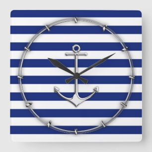 Chrome Like Thin Anchor on Nautical Stripes Quadratische Wanduhr