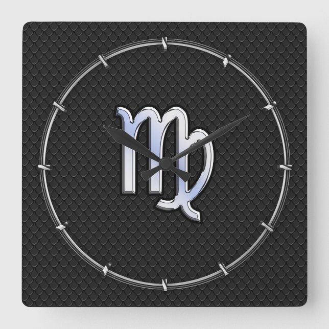 Chrome Like Virgo Zodiac Sign on Black snake skin Quadratische Wanduhr (Vorderseite)