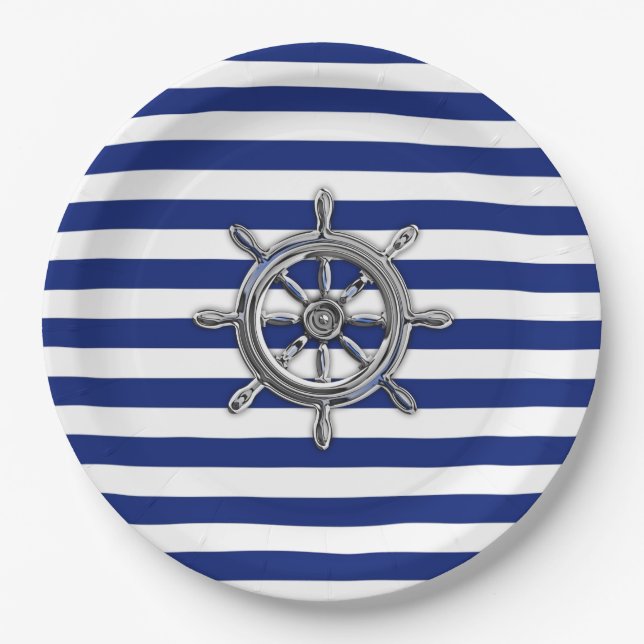 Chrome Like Wheel auf Nautical Stripes Pappteller (Vorderseite)