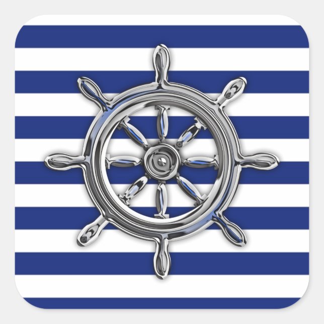 Chrome Like Wheel auf Nautical Stripes Quadratischer Aufkleber (Vorderseite)