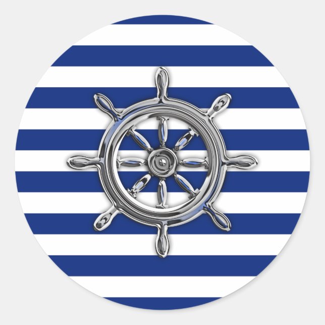 Chrome Like Wheel auf Nautical Stripes Runder Aufkleber (Vorderseite)