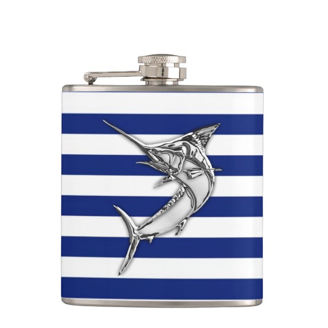 Chrome Marlin auf Navy Stripes Flachmann (Vorderseite)
