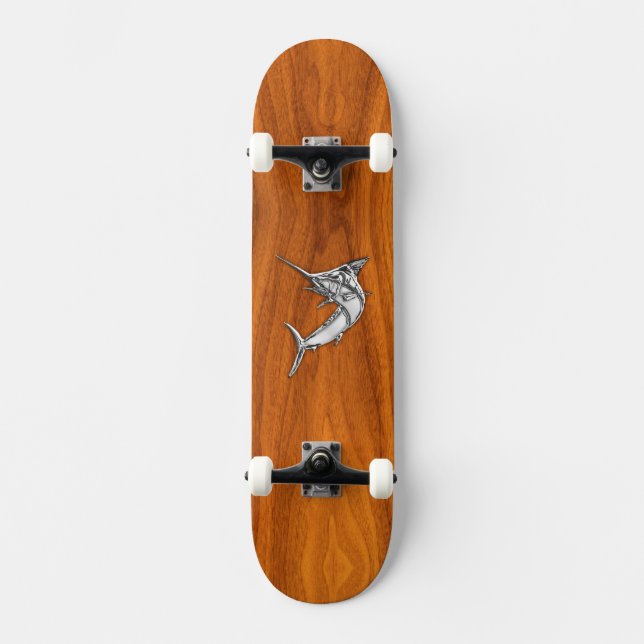 Chrome Marlin auf Teak Wood Skateboard (Vorderseite)