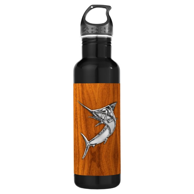 Chrome Marlin auf Teak Wood Trinkflasche (Vorderseite)