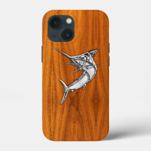 Chrome Marlin Fish auf Teak Veneer Print iPhone 13 Mini Hülle