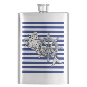 Chrome Mermaid auf Navy Stripes Print Flachmann