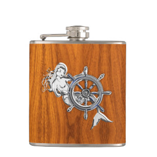 Chrome Mermaid auf Teak Print Flachmann