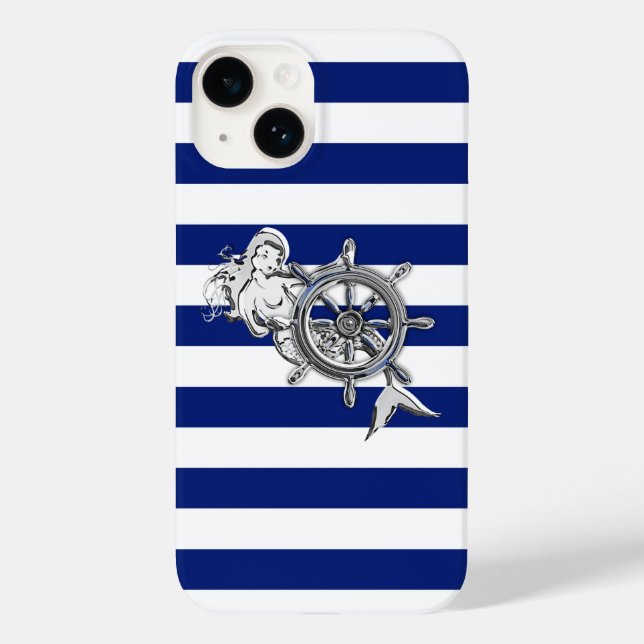 Chrome Mermaid Print auf Navy Strips Case-Mate iPhone Hülle (Rückseite)