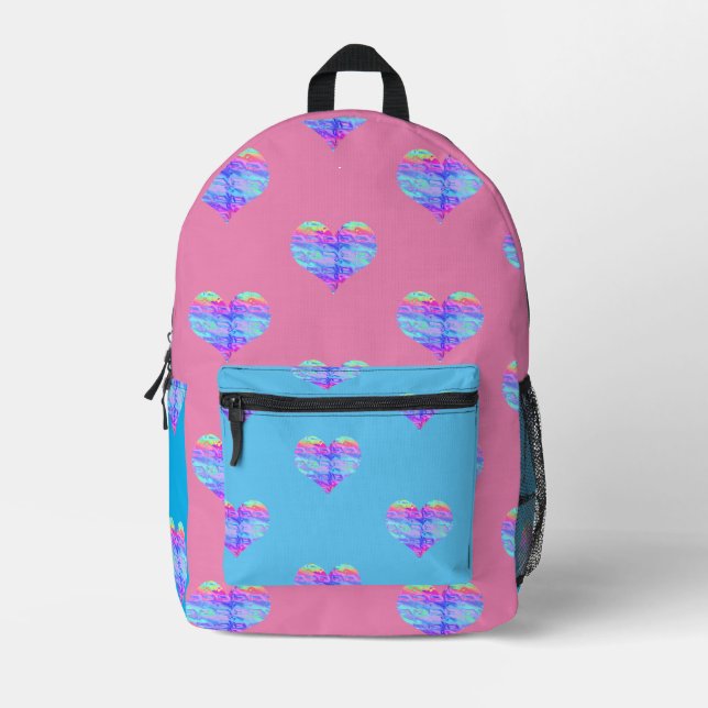 Chrome Metallic Neon Rainbow Herzspass Bedruckter Rucksack (Vorderseite)