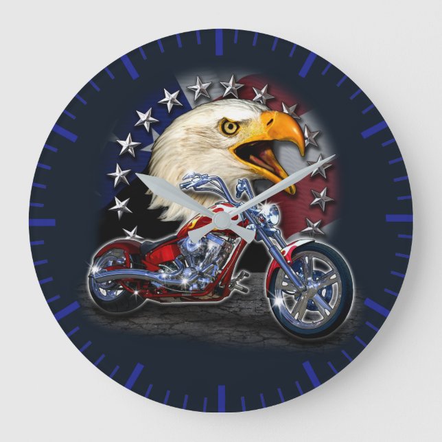 Chrome Motorcycle Chopper Patriotic Eagle USA Flag Große Wanduhr (Vorderseite)