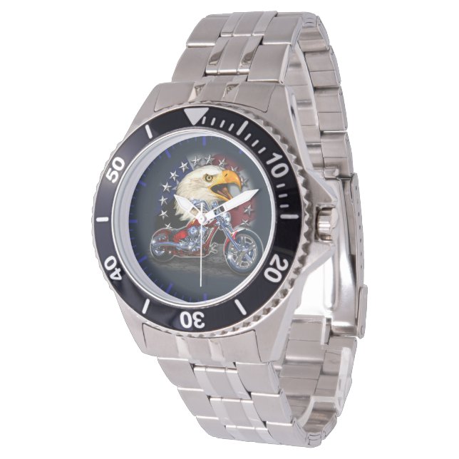 Chrome Motorrad Chopper Patriotic Eagle USA Flag Armbanduhr (Schrägansicht)