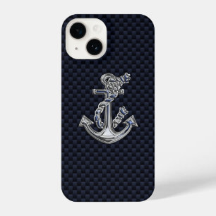 Chrome Nautical Anchor auf Carbon Fibre Print iPhone 14 Hülle