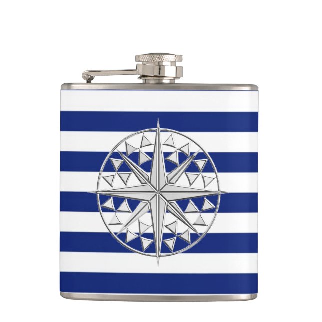 Chrome Nautical Star auf Navy Stripes Flachmann (Vorderseite)