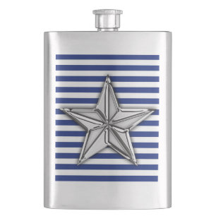 Chrome Nautical Star auf Navy Stripes Print Flachmann