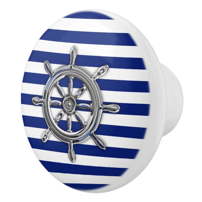 Chrome Nautical Wheel auf Navy Blue Stripes Print Keramikknauf (Rechts)