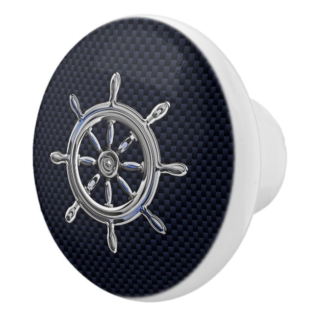 Chrome Nautical Wheel auf Navy Carbon Fibre Print Keramikknauf (Rechts)