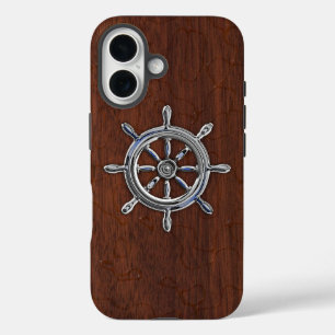 Chrome Nautical Wheel onWet Mahogany Print iPhone 16 Hülle