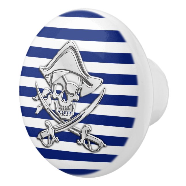 Chrome Pirate auf Nautical Navy Blue Stripes Print Keramikknauf (Rechts)