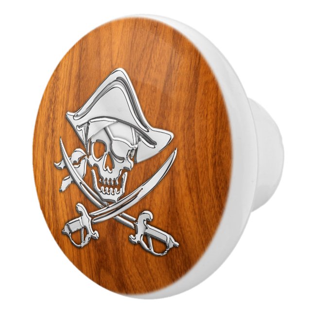Chrome Pirate auf Nautical Teak Holzkörner Print Keramikknauf (Rechts)