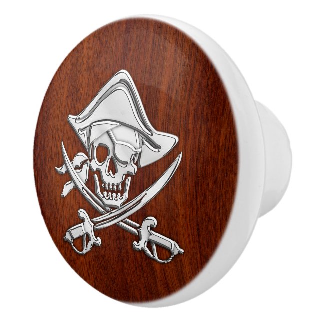 Chrome Pirate auf nautischem Mahogany Grain Print Keramikknauf (Rechts)